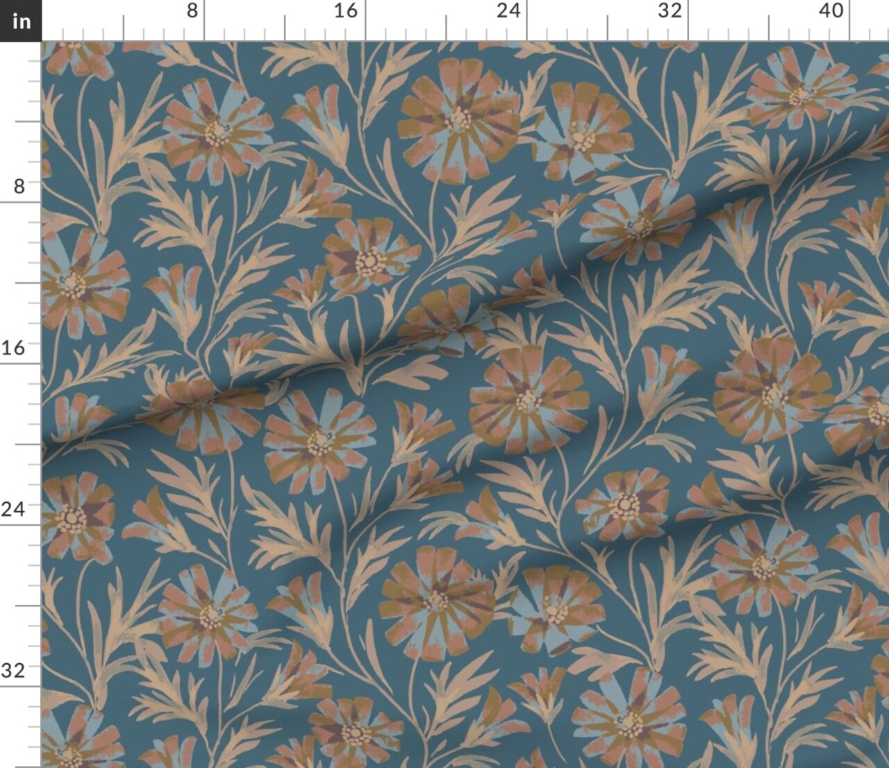 Boho Floral Botanical Wildflowers Meadow Garden Earth Tone Blue Brown Mocha Hand Painted Floral Large Scale Modern Farmhouse Cottagecore Custom Printed Fabric by Spoonflower Various Fabrics by the Yard or Fat Quarter